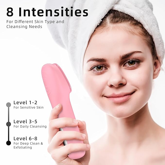 Facial Cleansing Brush Portable Waterproof Rechargeable Face Wash Brush, Electric Deep Cleaning for Men & Women (Pink)