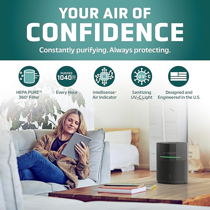 GermGuardian Airsafe+ HEPA Air Purifier for Home, Large Rooms Up To 1043 Sq. Ft. with HEPA Air Filter, UV-C Light & Air Quality Sensor, AC3000B, Black