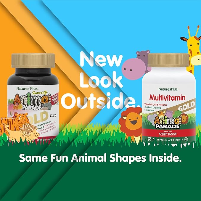 NaturesPlus Animal Parade Gold Multivitamin Children’s Chewables - Cherry Flavor - 60 Chewable Animal-Shaped Tablets - with Vitamin D3, K2 & Probiotics - 30 Servings