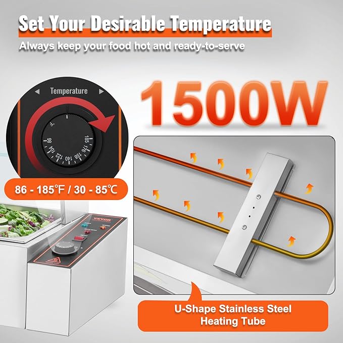 VEVOR 3-Pan Commercial Food Warmer, 3 x 8QT Electric Steam Table with Glass Cover, 1500W Countertop Stainless Steel Buffet Bain Marie 86-185°F Temp Control for Catering, Restaurants, Silver