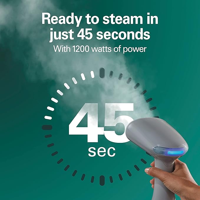 Hamilton Beach Handheld Garment Steamer for Clothes, Fabric and Drapes,1200 Watts, 400ml Water Tank, 20 Minutes of Continuous Steam, Vacation Essentials, Gray & Blue (11557)