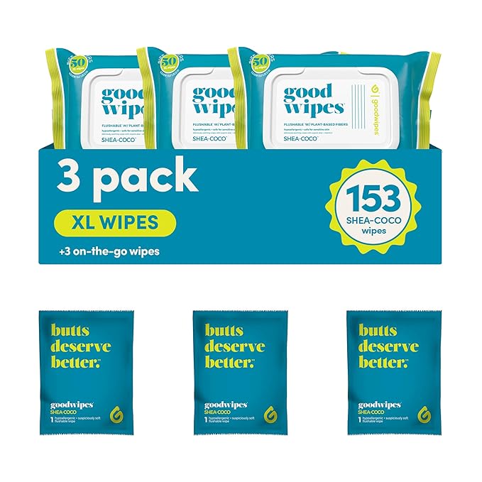 goodwipes Flushable Butt Wipes - Extra Large Adult Wet Wipes For Women & Men - Bathroom Essentials - Sewer & Septic Safe - Bathroom Essentials - Shea Coco, 153 Count (3 Packs + 3 Individually Wrapped)