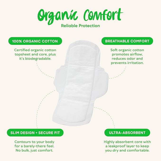 Oi | Organic Initiative - Ultra-Thin Pads with Wings | 100% Certified Organic Cotton, Unscented | Leak Free, Biodegradable | Non-GMO, Toxin Free (Regular, 54, Count)