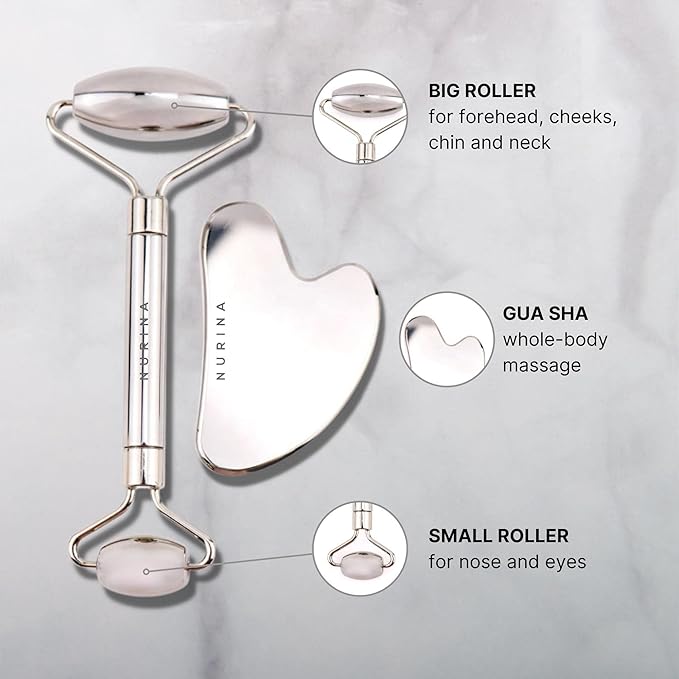NURINA Pure Stainless Steel Ice Roller Face Roller & Gua Sha Set Double-Sided Facial Tools Face Massager Skin Care Set Gua Sha for Face Neck Body Anti-Wrinkle Facial Massage Kit