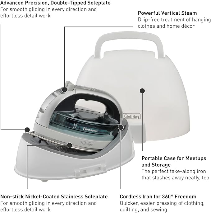 Panasonic NI-QL1100L Cordless Steam/Dry Iron, 1500W Wide Stainless Steel Plate, Silver/Light Blue
