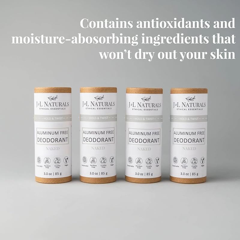 J&L Naturals Aluminum Free Deodorant for Men & Women | 100% Natural Ingredients With Coconut Oil, Shea Butter, & Essential Oils | Sustainable, Eco-Friendly (Naked (Unscented), 3.0 Oz (Pack of 4))