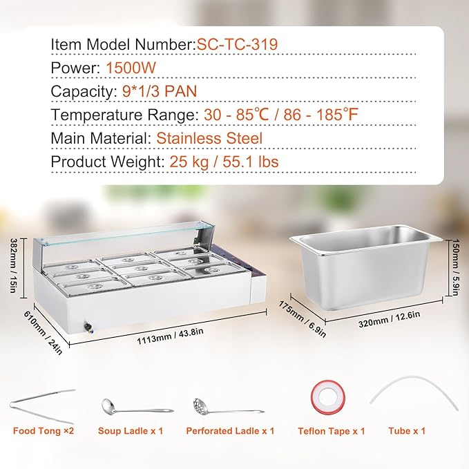 VEVOR 9-Pan Commercial Food Warmer, 9 x 8QT Electric Steam Table with Glass Cover, 1500W Countertop Stainless Steel Buffet Bain Marie 86-185°F Temp Control for Catering, Restaurants, Silver