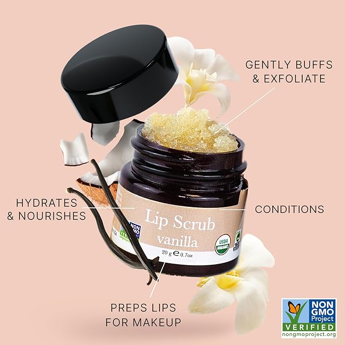 Lip Scrub Vanilla - USA Made Sugar Lip Scrubber Exfoliator with Natural & Organic Ingredients