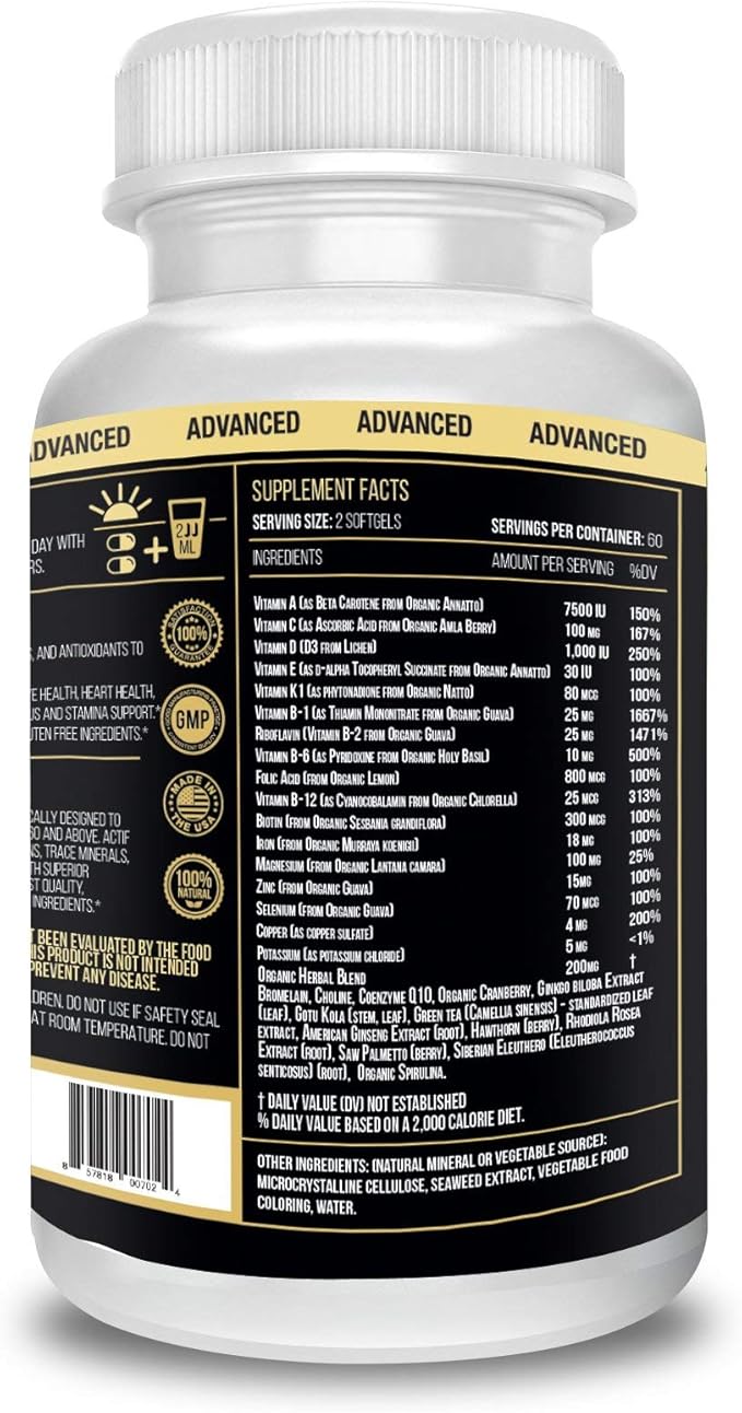Actif Multivitamin for Men Age 60+ with 30 Organic Vitamins and Organic Herbs, Non-GMO, Made in USA, 120 Count
