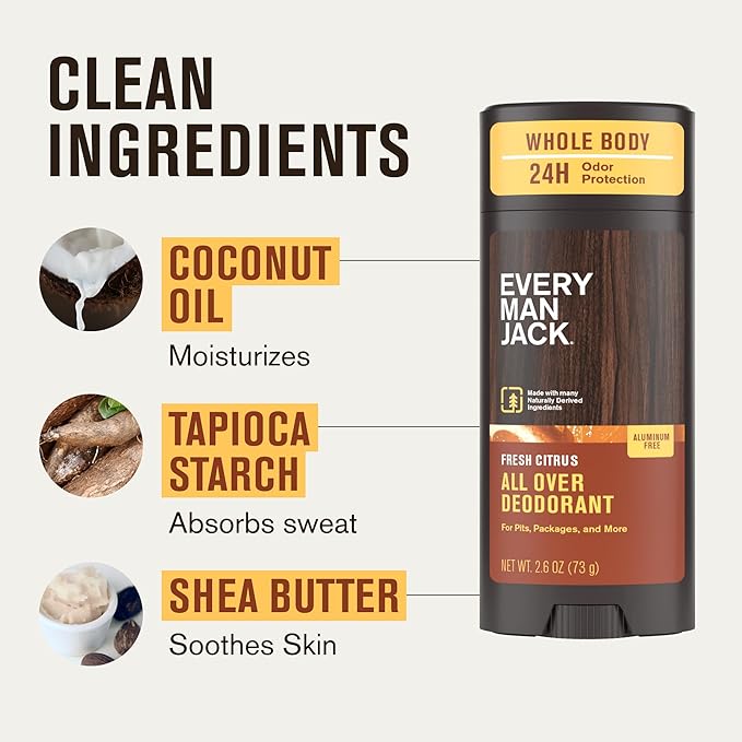Every Man Jack All Over Deodorant - 24 Hour Whole Body Odor Protection - Aluminum Free - Fresh Citrus Scent 2.6 oz (1 Pack)