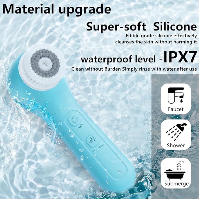 Vibrating and Rotating Face Scrubber, Waterproof Rechargeable Facial Cleansing Brush, 8 Modes for Exfoliating and Massaging, Face Wash Brush for Removing Blackhead（Blue）