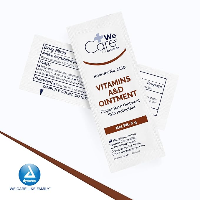 Dynarex Vitamins A & D Ointment, Ointment with Vitamin A and Vitamin D Skin Protectant, for Diaper Rash and Discomfort, White, 1 Box of 144-5g Packets