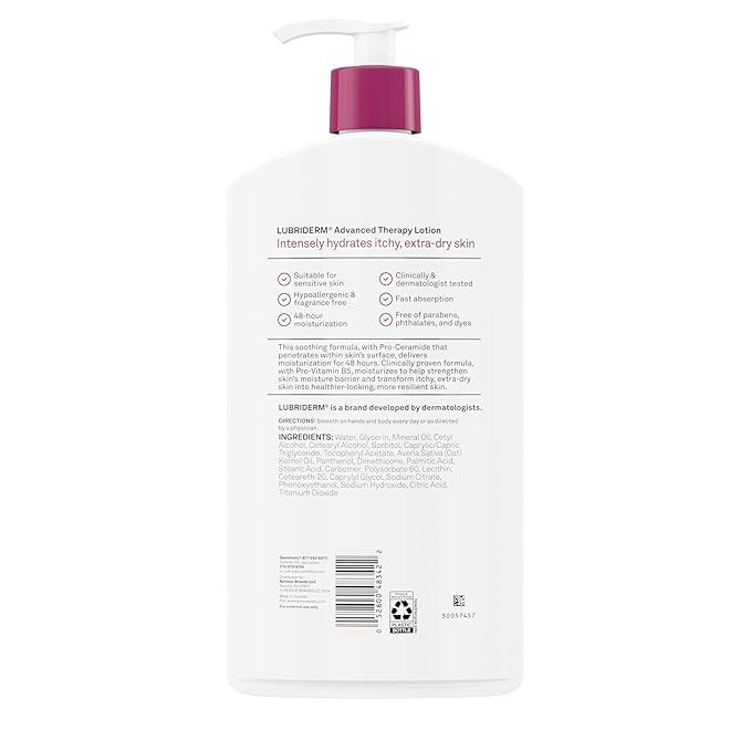 Lubriderm Advanced Therapy Fragrance Free Hand & Body Lotion + Pro-Ceramide, Intense Hydration for Itchy, Extra Dry, & Sensitive Skin, Non-Greasy, Hypoallergenic, Value Size, 32 fl. oz