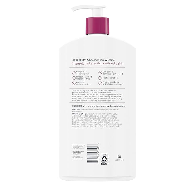 Lubriderm Advanced Therapy Fragrance Free Hand & Body Lotion + Pro-Ceramide, Intense Hydration for Itchy, Extra Dry, & Sensitive Skin, Non-Greasy, Hypoallergenic, Value Size, 32 fl. oz