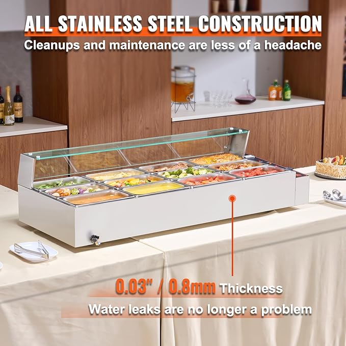 VEVOR 12-Pan Commercial Food Warmer, 12 x 8QT Electric Steam Table with Glass Cover, 3200W Countertop Stainless Steel Buffet Bain Marie w/Thermometer 86-185°F Temp Control for Catering, Restaurants