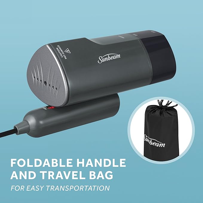 Sunbeam 1520W Handheld Steamer for Clothes, Portable, Foldable, Travel Steamer, Dual Voltage 120/240, Non-Stick, High and Low Steam Setting, 25s Heat Up, 140ml Tank, Bristle Brush, Storage Bag, Black