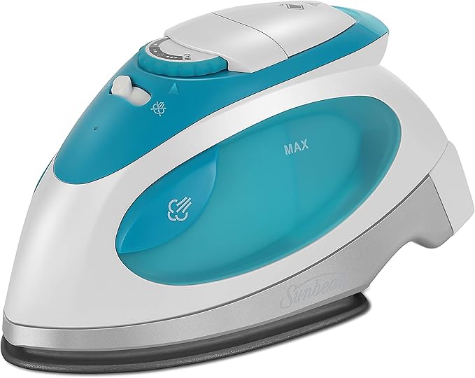 Sunbeam Travel Steam Iron, 1080 Watt, Dual Voltage 120/240, Compact Size, Portable, Non-Stick Soleplate, Soft Touch Handle, Horizontal or Vertical Use, Travel Bag, White and Teal