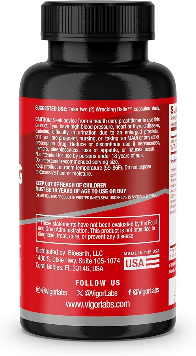 Wrecking Balls (60 Capsules), Supports The Natural Production of Essential Male Hormones by Your Body to Support Fuller Drive, Male Vitality, and Increased Stamina. (Made in The USA)