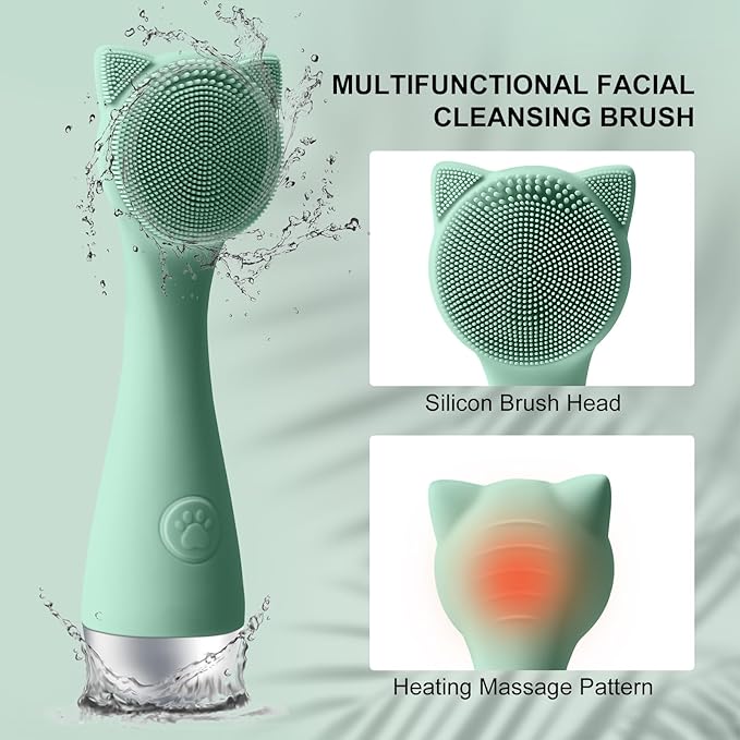 Facial Cleansing Brush, Silicone Face Scrubber Exfoliator for Men & Women, Electric Face Brush Waterproof, with 3 Speeds Adjustable for Deep Cleaning, Removing Blackhead, Face Massaging (Mint Green)