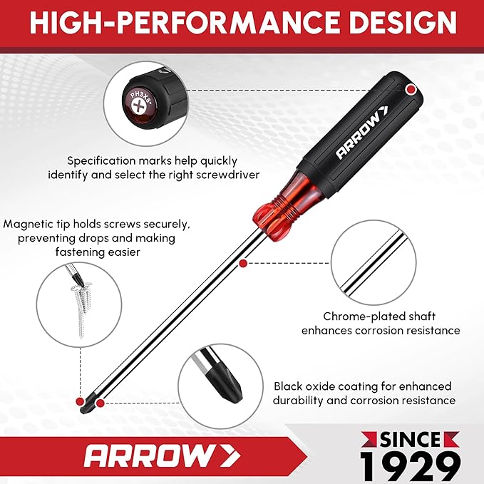 ARROW 8 PCS Magnetic Screwdriver Set, Professional S2 Steel Screw Driver Kit with Non-Slip Cushion Grip, Stubby Screwdrivers, Magnetic Phillips and Flathead Tips, for Home and Industrial Use