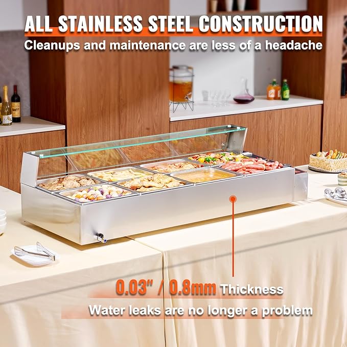 VEVOR 8-Pan Commercial Food Warmer, 8 x 12QT Electric Steam Table with Glass Cover, 3200W Countertop Stainless Steel Buffet Bain Marie w/Thermometer 86-185°F Temp Control for Catering, Restaurants