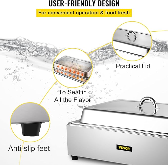 VEVOR Commercial Food Warmer, Full-Size 1 Pot Steam Table with Lid, 9.5 Quart Electric food Warmers, Grade Stainless Steel Bain Marie Buffet Equipment, Fits 21 x 13.2 Pan, 400W, for Restaurant, Sliver