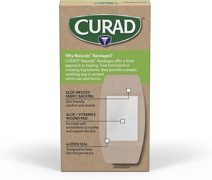 CURAD Naturals Ale Vera & Vitamin E Bandages 2" x 4", Individually Wrapped Sterile Bandages, First Aid Kit Essential, Protects Scrapes and Cuts, Absorbent and Self-Adhesive, 8 - Count Box
