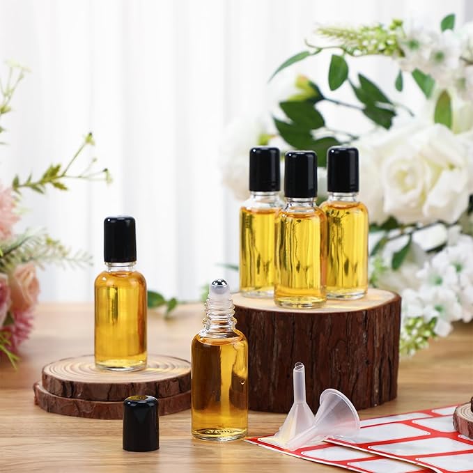 Sumind 12 Pcs 30ml Roller Glass Bottle Essential Oil with Stainless Steel Refillable Sample Container Brown Empty Roller Bottle Applicator with Funnel Sticker for Travel(Clear)
