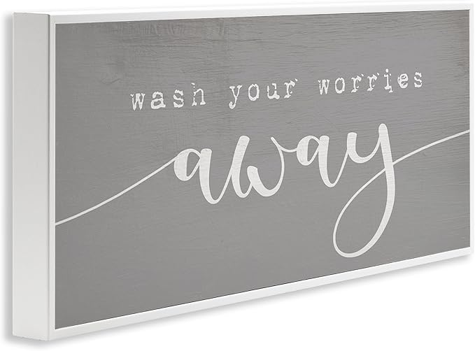 Stupell Industries Wash Your Worries Away Phrase Bathroom Relaxation, Designed by Daphne Polselli White Framed Wall Art, 10x24, Gray