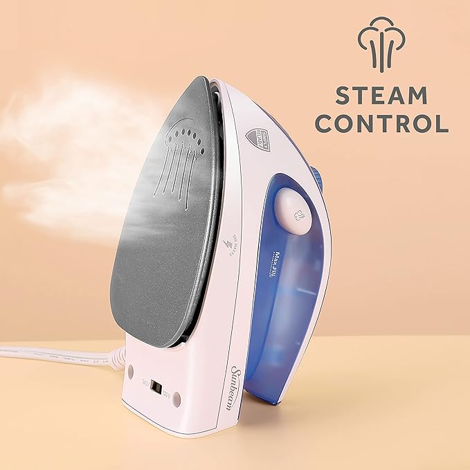 Sunbeam Hot-2-Trot Travel Steam Iron, 800 Watt Dual Voltage 120/240, Compact Size, Portable, Non-Stick Soleplate, Soft Touch Handle, Horizontal or Vertical Use, White and Blue