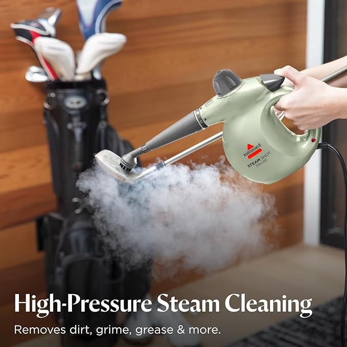 BISSELL Steam Shot Deluxe handheld pressurized steamer for maintenance cleaning with 10 cleaning tools