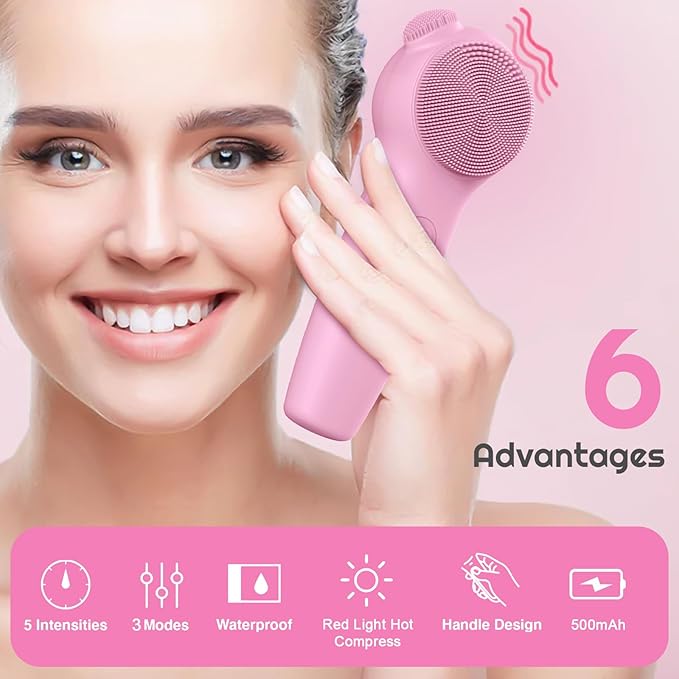 Landmore Silicone Face Scrubber, Waterproof Facial Cleansing Brush with Red Light Thermal Massage, Electric Face Scrubber with Nose Scrubber Exfoliator for Women/Men Deep Cleansing, Power Exfoliating