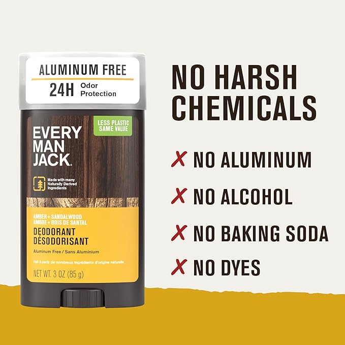 Every Man Jack Amber + Sandalwood Men’s Deodorant - Stay Fresh with Aluminum Free Deodorant For all Skin Types - Odor Crushing, Long Lasting, with Naturally Derived Ingredients - 3oz (2 Pack)