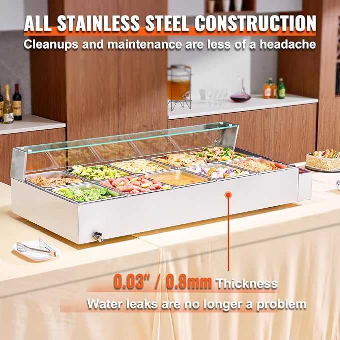 VEVOR 10-Pan Commercial Food Warmer, 10 x 12QT Electric Steam Table with Glass Cover, 3200W Countertop Stainless Steel Buffet Bain Marie w/Thermometer 86-185°F Temp Control for Catering, Restaurants
