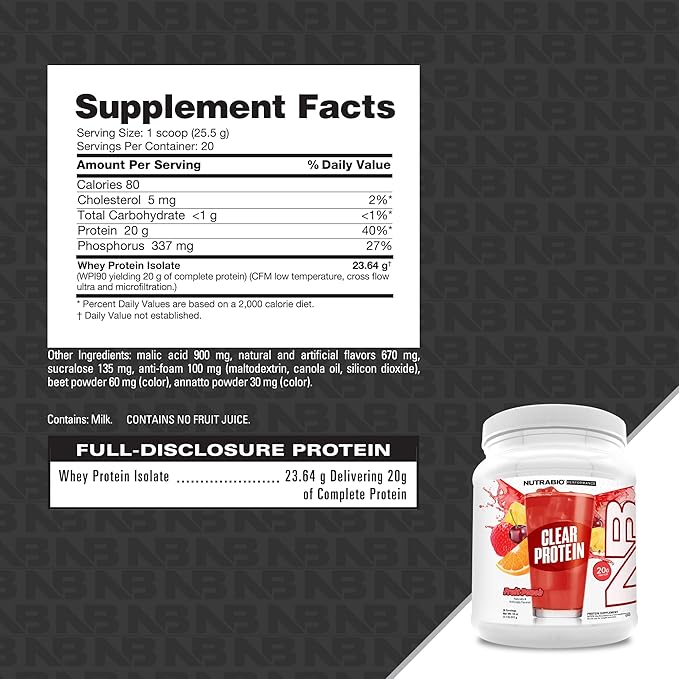 NutraBio Clear Whey Isolate Protein Powder, Delicious & Refreshing Fruit Flavors, Protein Juice, No Milky Taste, No Foam, Zero Sugar, Fruit Punch, 20 Servings
