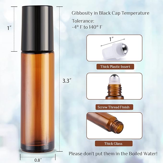 Essential Oil Roller Bottles, 24 Pack Hoa Kinh 10ml Empty Glass Amber Roller Bottles UV Protection with Stainless Steel Balls