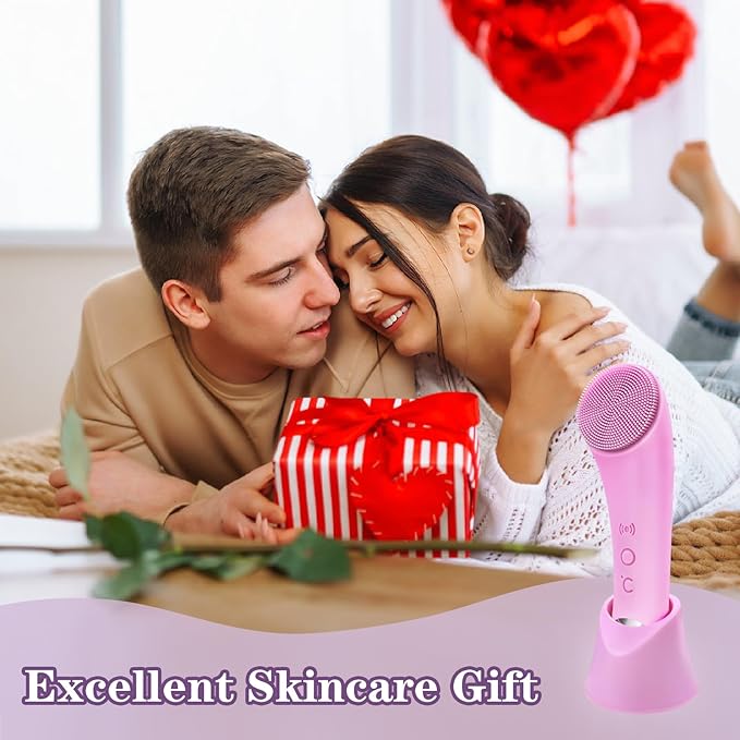 Facial Cleansing Brush, 2 in 1 Silicone Face Scrubber with Heat Massage End，Rechargeable Facial Exfoliation Brush, Waterproof Facial Scrubber for Deep Cleansing, Electric Face Brush for Women (Pink)