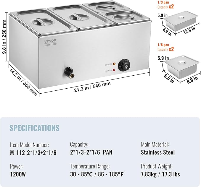 VEVOR 4-Pan Commercial Food Warmer, 16.4QT Electric Steam Table, 1200W Professional Countertop Stainless Steel Buffet Bain Marie with 86-185°F Temp Control for Catering and Restaurants, Silver