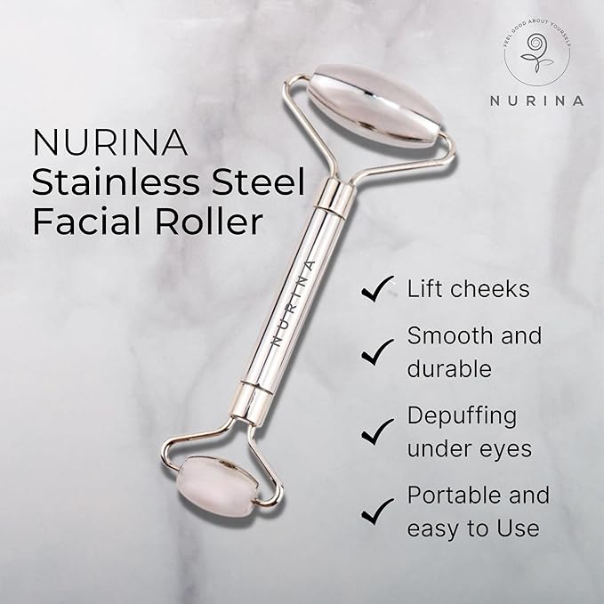 NURINA Pure Stainless Steel Ice Roller Face Roller & Gua Sha Set Double-Sided Facial Tools Face Massager Skin Care Set Gua Sha for Face Neck Body Anti-Wrinkle Facial Massage Kit