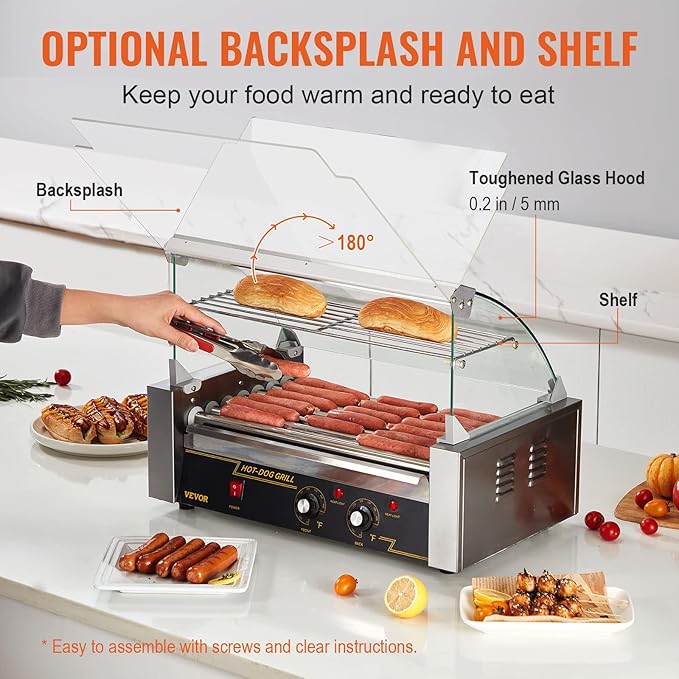VEVOR Hot Dog Roller 7 Rollers 18 Hot Dogs Capacity 1050W Stainless Sausage Grill Cooker Machine with Dual Temp Control Glass Hood Acrylic Cover Bun Warmer Shelf Removable Oil Drip Tray, ETL Certified