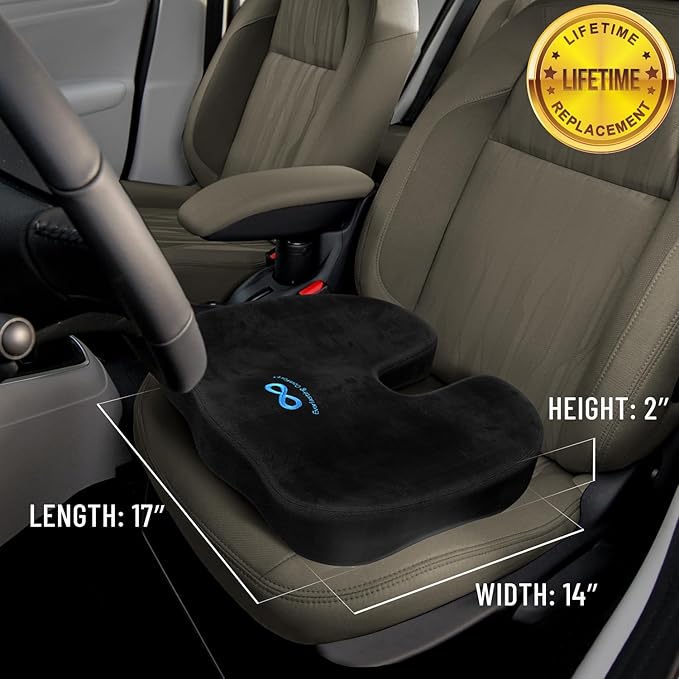 Everlasting Comfort Memory Foam Car Seat Cushion - Tailbone Pain Relief, Driving Seat Cushion for Short People - Office, Wheelchair, Gaming Chair, Travel - Non-Slip, Washable Cover