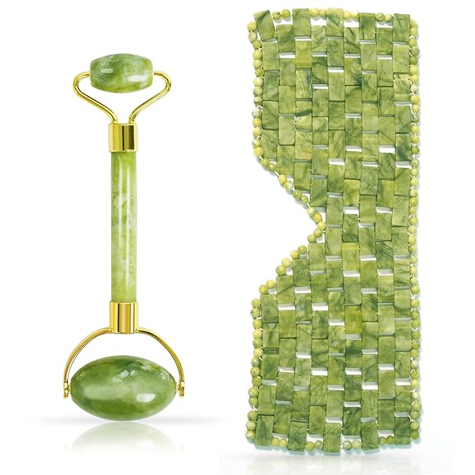Jade Eye Mask and Jade Roller Set, Jade Stone Face Mask and Facial Rollers Massager Skin Care Tool, Face and Eye Massager
