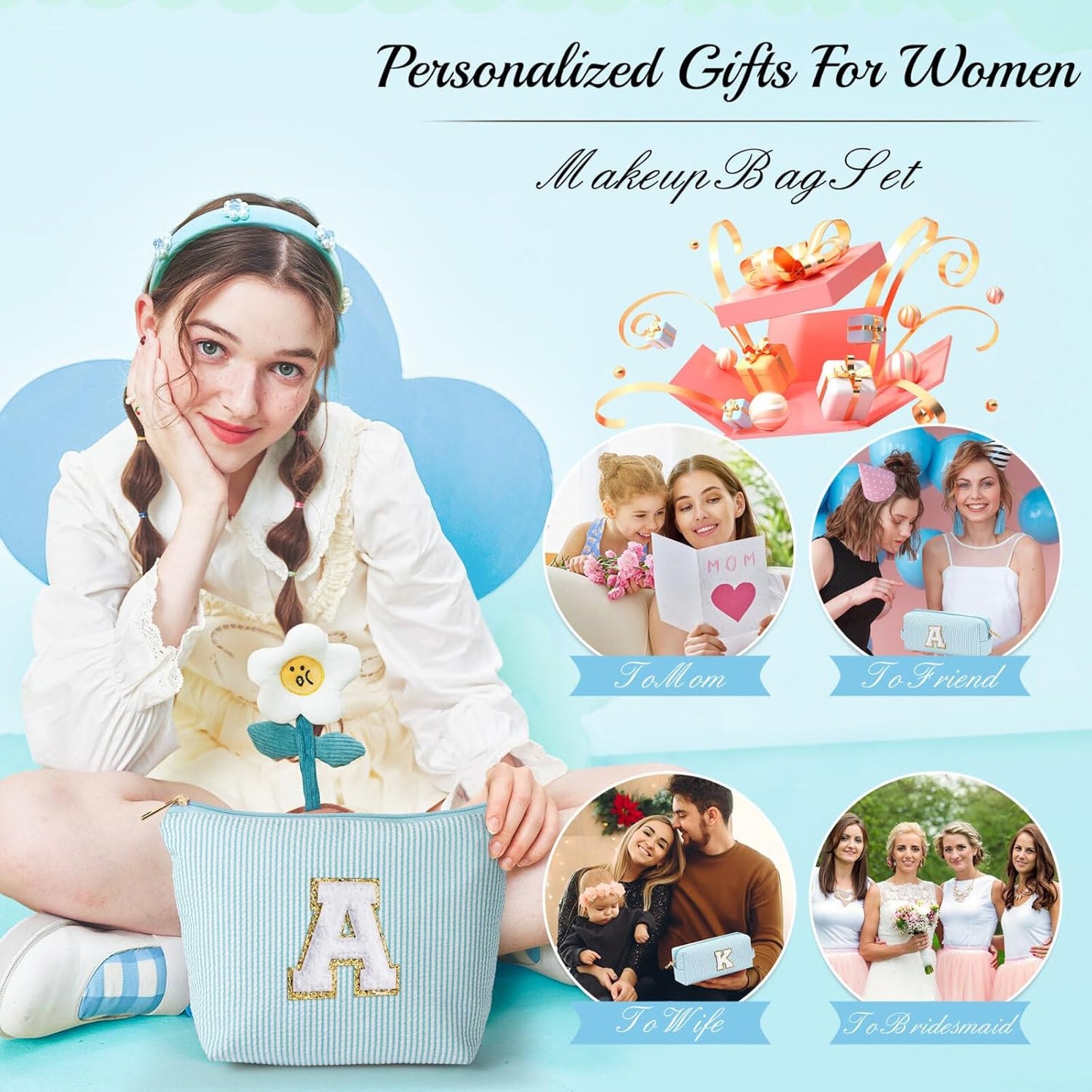 YOOLIFE Travel Makeup Bag - Cute Makeup Pouch Set with Monogram & Brush Bag for Women's Gifts