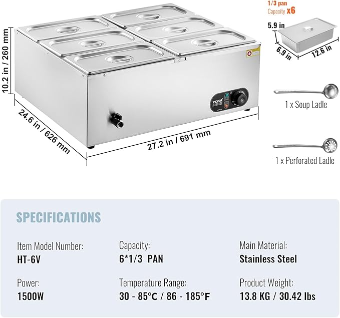 VEVOR 110V 6-Pan Commercial Food Warmer, 1200W Electric Steam Table 15cm/6inch Deep, Stainless Steel Buffet Bain Marie 48 Quart for Restaurants