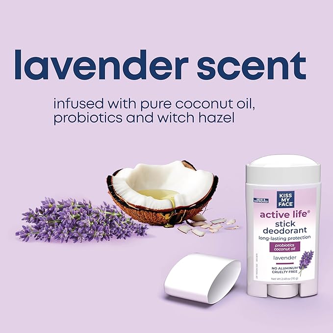 Kiss My Face Active Life Deodorant Contains Naturally Derived Ingredients, 72 Hour Odor Control | Deodorant for Women and Men, Aluminum Free with Coconut Oil and Probiotics, Lavender Scent