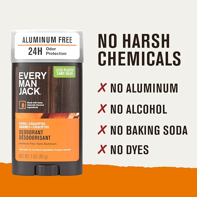 Every Man Jack Citrus + Eucalyptus Men’s Deodorant - Stay Fresh with Aluminum Free Deodorant For all Skin Types - Odor Crushing, Long Lasting, with Naturally Derived Ingredients - 3oz (2 Pack)