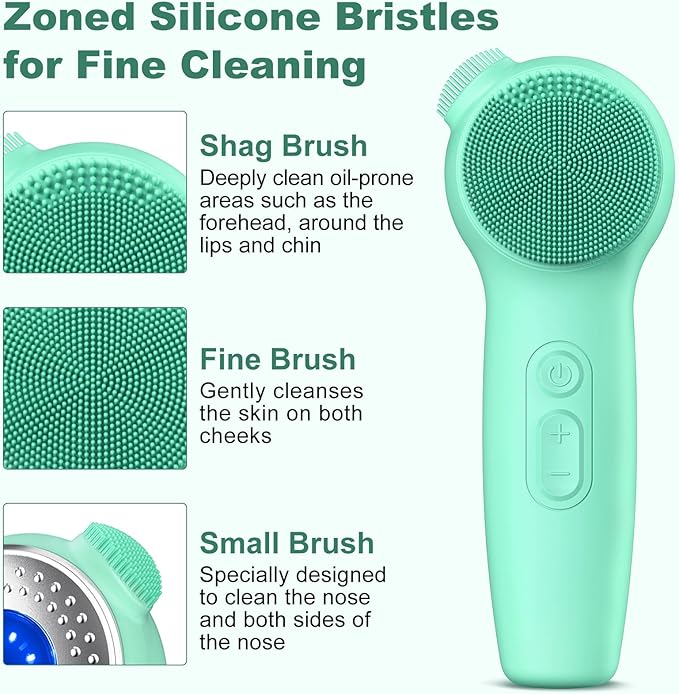 Facial Cleansing Brush, Silicone Electric Face Scrubber Waterproof Sonic Vibration Face Cleanser Brush for Men Women, Rechargeable Face Brushes with Nose Scrub Brush Exfoliating Massaging(Green)
