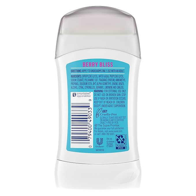 Suave Fresh Vibes Deodorant Stick Berry Bliss Aluminum Free 48 Hour Deodorant Protection Dermatologist Tested Body Deodorant 1.2 OZ(Pack of 12)