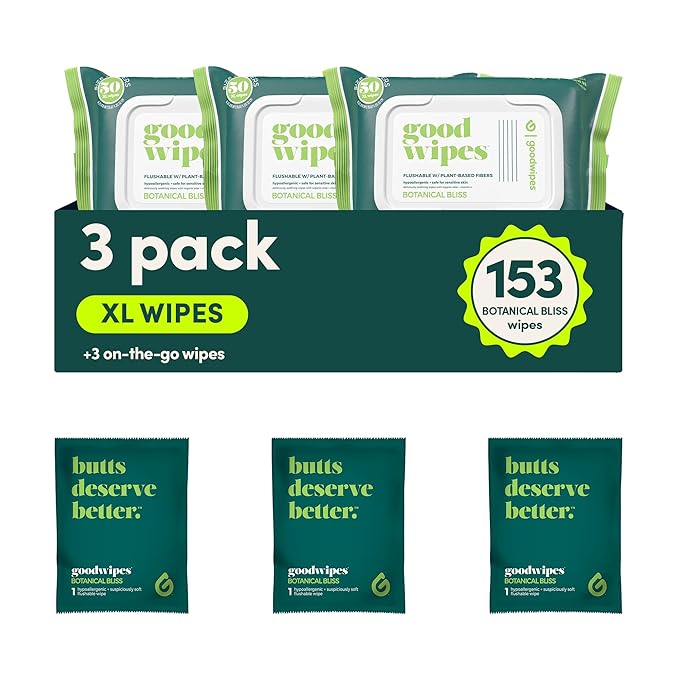 goodwipes Flushable Butt Wipes - Extra Large Adult Wet Wipes For Women & Men - Bathroom Essentials - Sewer & Septic Safe - Botanical Bliss, 153 Count (3 Packs + 3 Individually Wrapped)