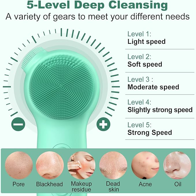 Facial Cleansing Brush, Silicone Electric Face Scrubber Waterproof Sonic Vibration Face Cleanser Brush for Men Women, Rechargeable Face Brushes with Nose Scrub Brush Exfoliating Massaging(Green)